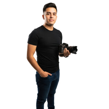 A man in a black t-shirt and jeans holding a camera, standing against a white background.