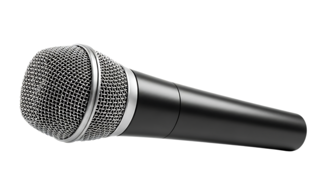 A sleek black microphone with a silver mesh grill and metallic ring, cutout, PNG isolated on transparent background