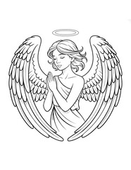 Angel with wings. Coloring page for adults and kids. Black outline illustration.	