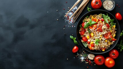A top-down shot of a rice dish with fresh tomatoes, herbs, and spices, arranged on a dark, textured surface.