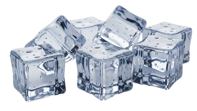 Pile of transparent ice cubes with small air bubbles and water droplets, cutout, PNG isolated on transparent background