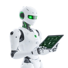 Fototapeta premium Futuristic white humanoid robot holding tablet with green interface