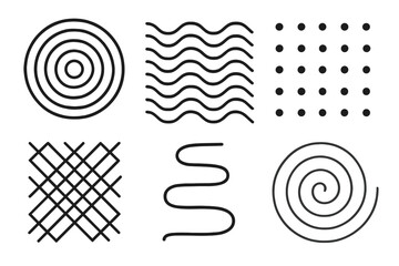 Black Line Patterns. Artistic Patterns linear icon set. concentric circles, wavy lines, dots, crosshatch, path trail, spiral