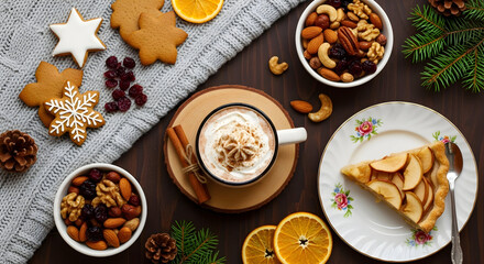 Cozy christmas still life with apple pie hot chocolate and holiday treats on a table