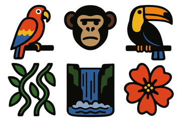 Obraz premium Tropical Wildlife Icons. Tropical Wildlife silhouette icon set: parrot, monkey, toucan, waterfall, vines, bright flower