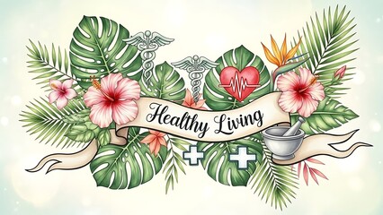 Health wellness illustration with tropical flowers and medical symbols for healthcare promotion design