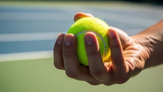 テニスボールを握る手、爽やかなライムグリーンのボールが印象的、スポーツの瞬間を捉えたクローズアップ写真。