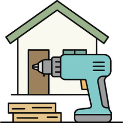 Home improvement project with an electric drill assembling new wooden door in simple line style