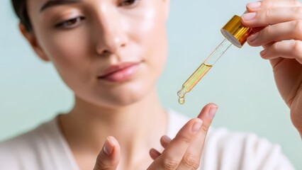 Woman gently applies a vibrant golden serum with a dropper for daily natural skincare, promoting a healthy radiant glow on soft skin