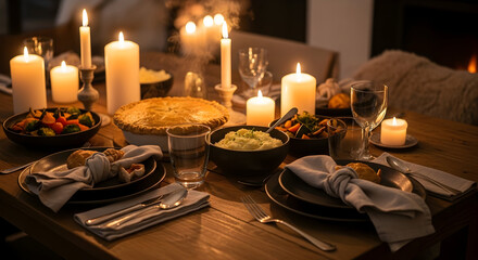 Warm and inviting thanksgiving dinner table setting with candles and festive autumn decor
