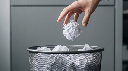 Close up of a hand tossing a wadded up piece of paper into a metal wastebasket full of discarded ideas