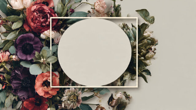 Rich, dark botanical bouquet with red peonies and purple anemones frames a light central circle. Elegant space for text or branding.