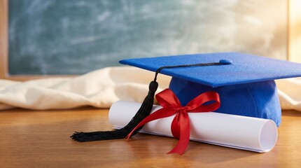 A blue graduation cap and diploma scroll with a red ribbon placed on a wooden desk, symbolizing educational achievement and success