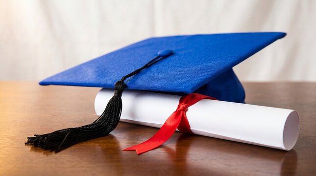 A blue mortarboard graduation cap and a diploma scroll with a red ribbon - Powered by Adobe