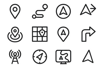 Digital Navigation Icons. Digital Wayfinding Set linear icon set: map pin, route line, digital compass, navigation arrows, location beacon, path grid, waypoint marker, turn