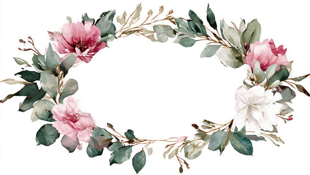 Elegant watercolor floral wreath with soft pink and white blossoms, lush green eucalyptus, and delicate foliage forming a charming oval frame. - Powered by Adobe