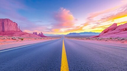 A long road stretches towards the horizon in Monument Valley, with colorful rock formations and a vibrant sunset sky.