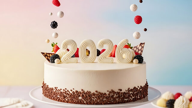 Festive white celebration cake adorned with '2026' in bold numbers, vibrant fresh berries, and rich chocolate shavings, symbolizing a joyous new year beginning