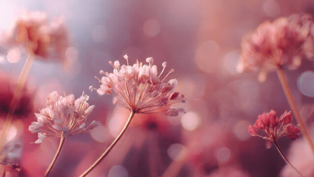 Close-up of delicate pink flowers blooming against a dreamy, bokeh-filled background, evoking a sense of soft tranquility and natural beauty. - Powered by Adobe