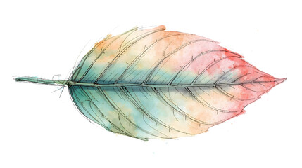 Watercolor leaf with visible veins and a blend of colors from green to orange to red on a black background on transparent background