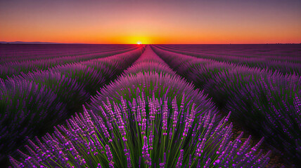 A stunning lavender field captured at sunset, featuring perfectly aligned rows of vibrant purple flowers leading toward the glowing horizon.