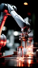 A robotic arm is shown in a factory setting, performing a task with precision. The scene is illuminated with red lighting, creating a futuristic atmosphere.