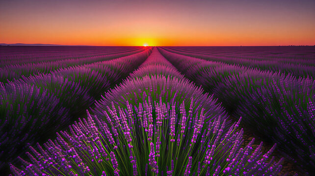 A stunning lavender field captured at sunset, featuring perfectly aligned rows of vibrant purple flowers leading toward the glowing horizon.