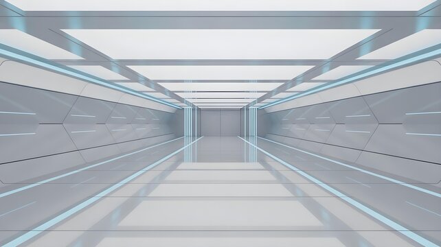 An abstract background of a futuristic spaceship interior wall, white panels with glowing blue led lines.