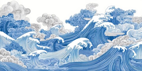 Stylized Oceanic Waves Illustration In Blue And White Color With Repeating Pattern On White Background