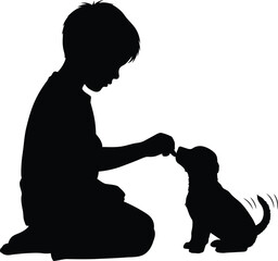 Black silhouette vector of a boy kneeling and feeding a puppy Child and dog friendship, training, and bonding illustration