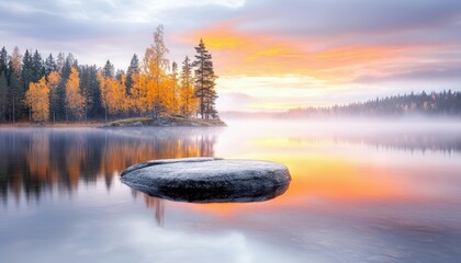 A large rock sits in a lake reflecting colorful autumn trees and a vibrant sunrise.