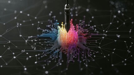 A data connection plug is inserted into a colorful circuit board, representing technology and data transfer on a dark background.