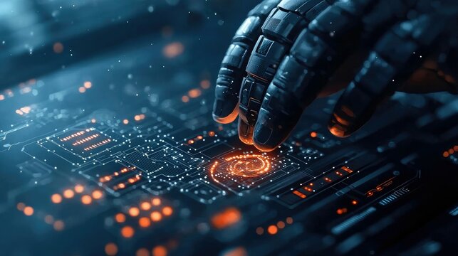 A close-up shot of a robotic hand interacting with a circuit board, with glowing orange lights, in a futuristic, technology-focused setting.