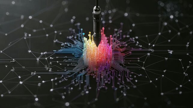 A data connection plug is inserted into a colorful circuit board, representing technology and data transfer on a dark background.