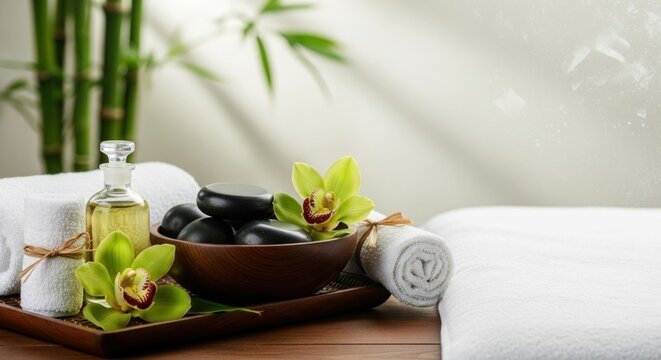 A serene spa setting with bamboo, green orchids, and black stones on a wooden tray.