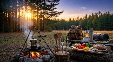 A campfire with cooking utensils and food on a wooden table in a forested area.