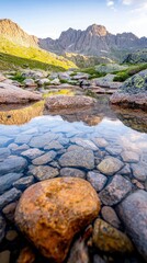 A clear stream with rocks reflecting the mountains in the background, under a sunny sky. A scenic landscape of nature.