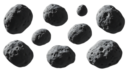 Collection of textured gray asteroids with craters floating in space, cutout, PNG isolated on transparent background