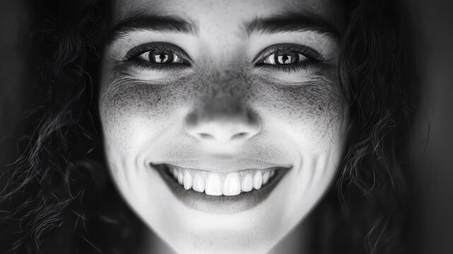 Smiling woman shows joy through her expressions in a candid black and white portrait session indoors