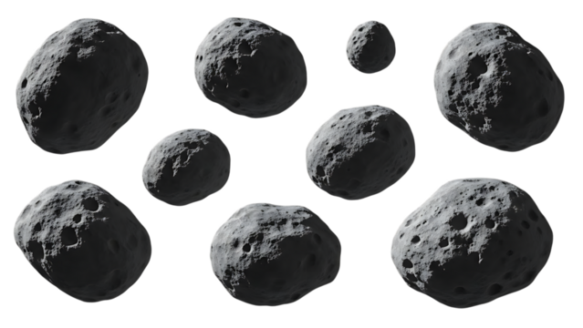 Collection of textured gray asteroids with craters floating in space, cutout, PNG isolated on transparent background