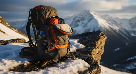 Backpack on snowy mountain peak with majestic mountain range in the background on a sunny day