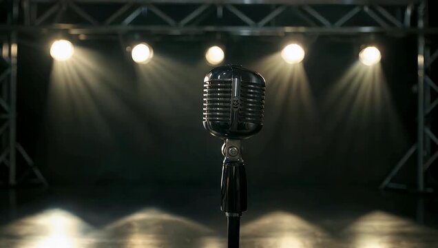 Dramatic 4K Ultra HD stage performance video where a vintage microphone is illuminated by bright stage lights in the background creating a powerful and dramatic silhouette effect as the microphone