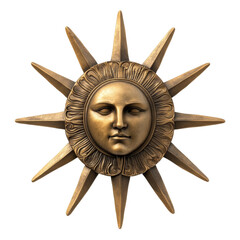 Gold sun with human face and radiating beams on black background