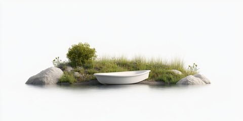 Tranquil islet with rowboat and lush grass