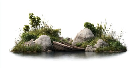 Tranquil lakeside scene with wooden boat and lush vegetation