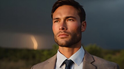 Focused businessman in suit looks out at a dramatic stormy sky with distant lightning illuminated by sunset light