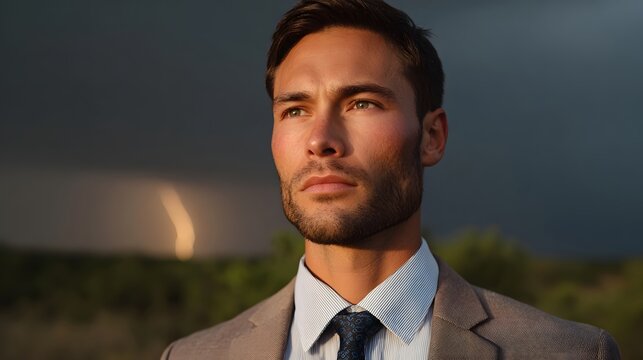 Focused businessman in suit looks out at a dramatic stormy sky with distant lightning illuminated by sunset light