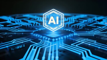 AI icon pulses with bright colorful neon as surrounding circuits ignite outward in rapid synchronized waves across the board. Ideal for technology, innovation, data processing and digital visuals - Powered by Adobe