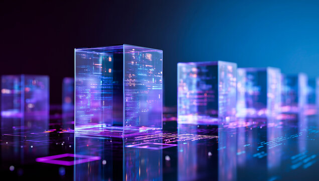 Glowing translucent holographic data cubes aligned in a row, vibrant purple and pink neon circuit patterns inside, reflecting on glossy surface against cosmic blue background, futuristic digital block