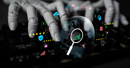 Using AI for global market analysis and e-commerce business growth. AI research on worldwide trends and customer ratings for business success. Motif